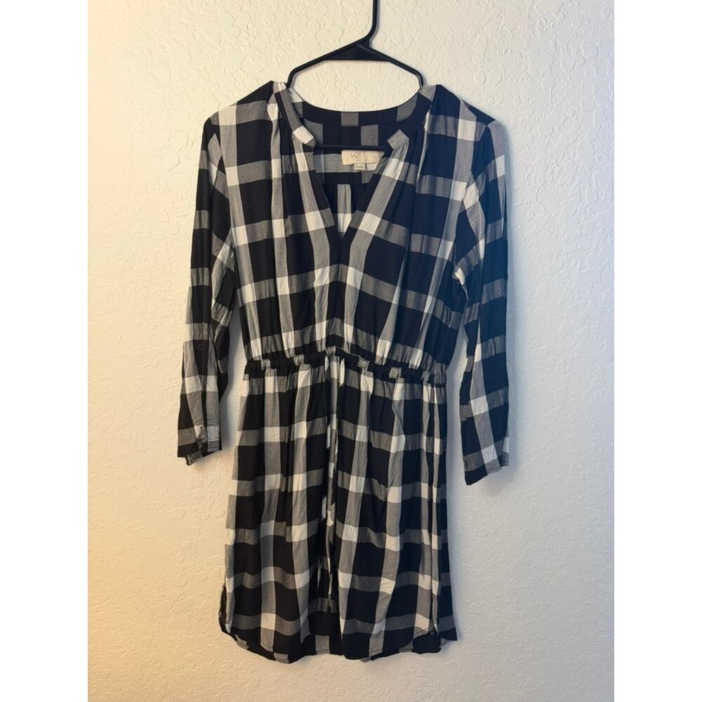 LOFT Outlet Petite Black White Plaid V-Neck Elastic Waist Mini Dress Size SP